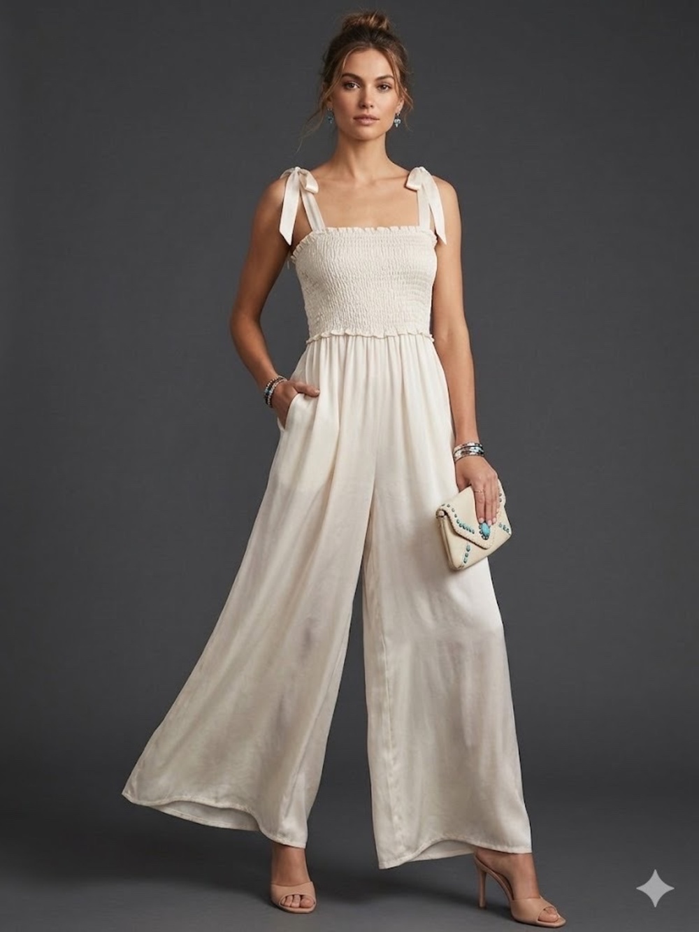 ✨ NEW GORGEOUS Karma Highway Cream Silk-Feel Smocked Jumpsuit ✨
